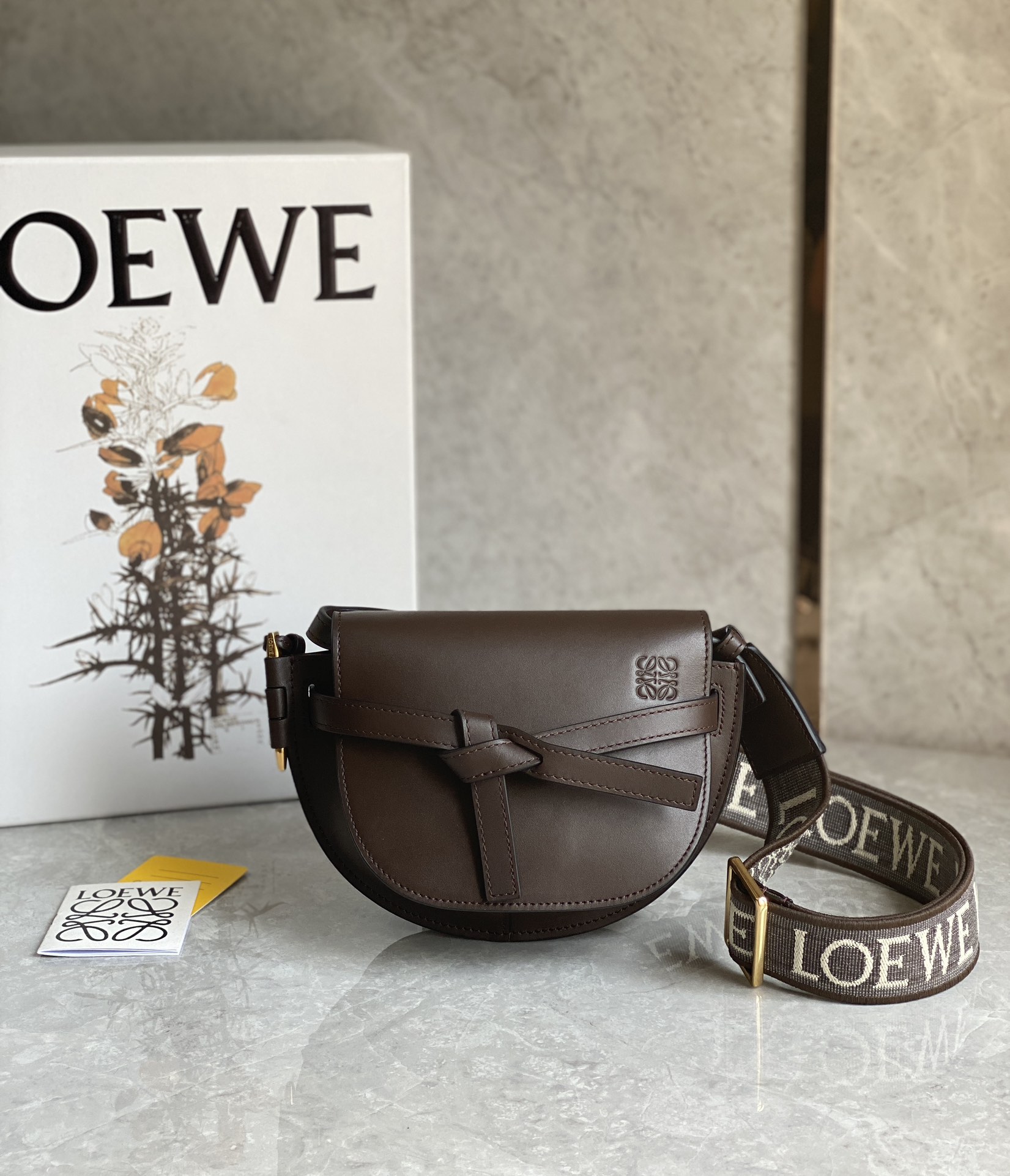 Loewe Mini Gate Dual Bag in Soft Calfskin and Jacquard Dark Chocolate